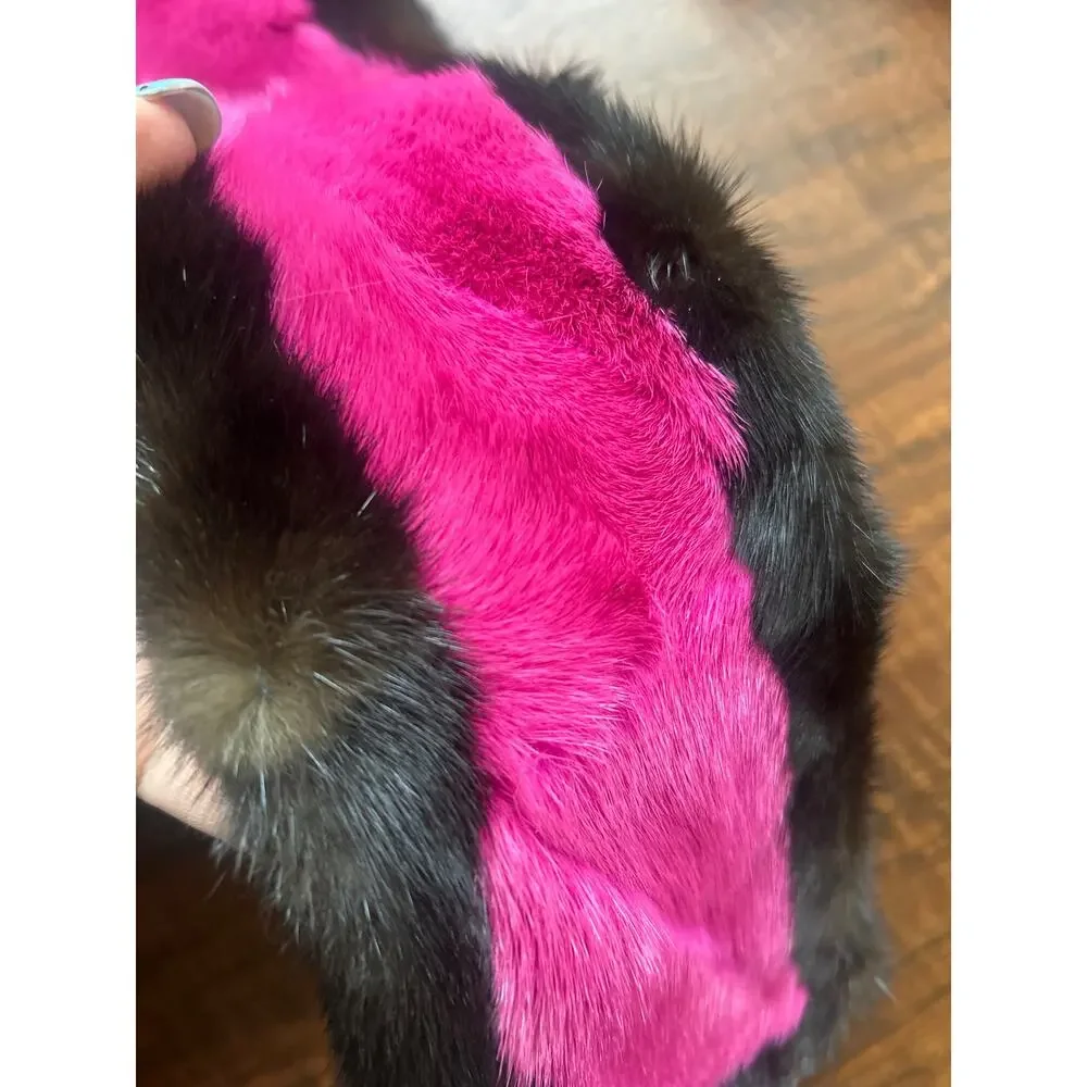 Vintage Y2K Real Mink Fur Scarf Colorblock Hot Pink Brown Rosette Pull Through